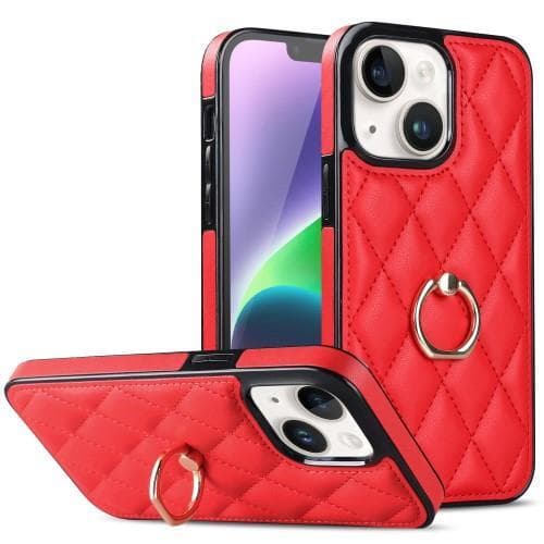 iPhone 14 Rhombus Grid Mönster Skal FingerRing - Röd