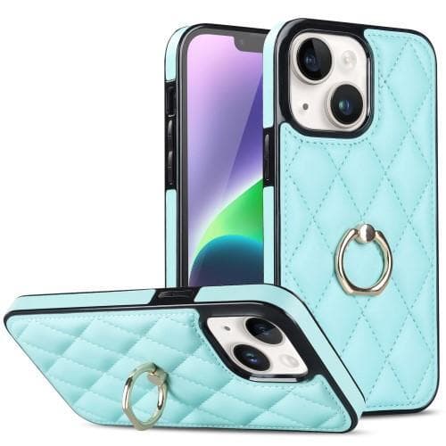 iPhone 14 Rhombus Grid Mönster Skal FingerRing - Sky Blue