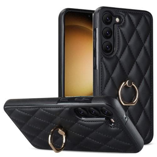 Samsung Galaxy S23 Rhombus Grid Mönster Skal FingerRing - Svart