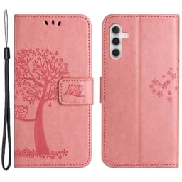 SKALO Samsung A14 4G/5G Owl Tree lompakkokotelo - Pinkki