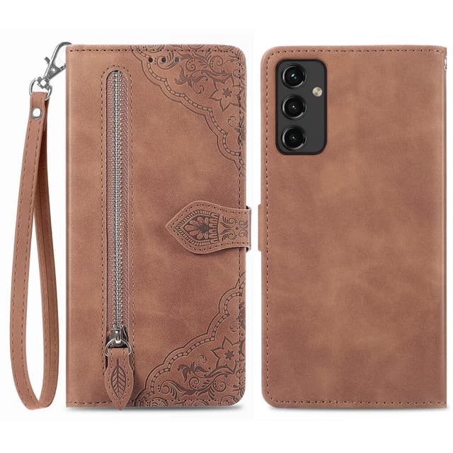 SKALO Samsung A14 4G/5G Big Wallet Flower Lompakkokotelo - Ruskea