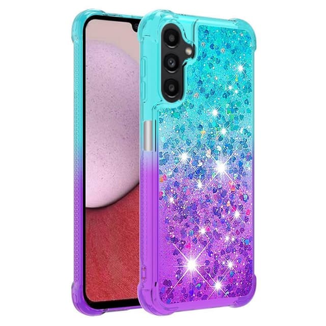 SKALO Samsung A14 5G Kvicksand Glitter Hjerter TPU Cover - Turkis-Lilla
