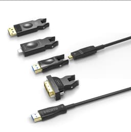 NÖRDIC 10m HDMI 2.0 AOC aktiv fiberkabel, 5 i 1 med avtakbare adaptere HDMI, DVI, USB-C, DP og HDMI-D