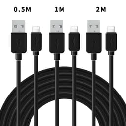 NÖRDIC kaapelisarja 3 kpl, 0,5 m+1 m+2 m, Lightning (ei MFI)–USB A 2.0, 480 Mb/s, 2,4 A, musta, iPhonelle ja iPadille