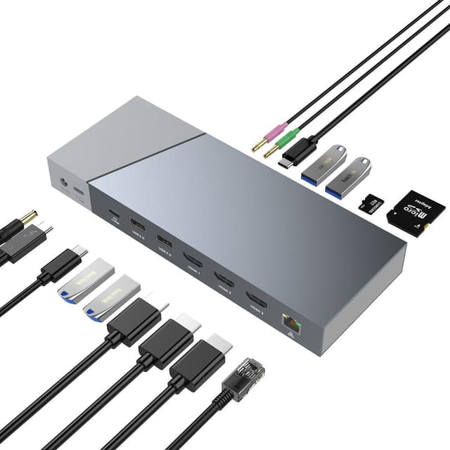 NÖRDIC DisplayLink USB-A & USB-C Dokkingstasjon 1 til 15 for trippelskjermer 1xHDMI 4K30Hz 2xHDMI 2K50hz for Mac M1 M2 Thunderbolt 3 & 4