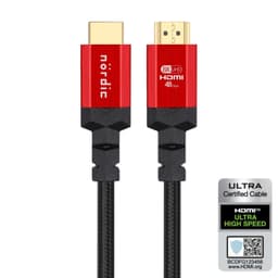NÖRDIC CERTIFIED CABLE 1M Ultra High Speed HDMI 2.1 8k 60Hz 4k 120Hz 48Gbps Dynamisk HDR Earc VRR Nylon Flettet Kabel Forgylt Kontakt informasjon