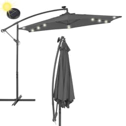 ECD-Germany aluminium parasol Antracit Ø 300 cm med LED sol belysning, håndtag