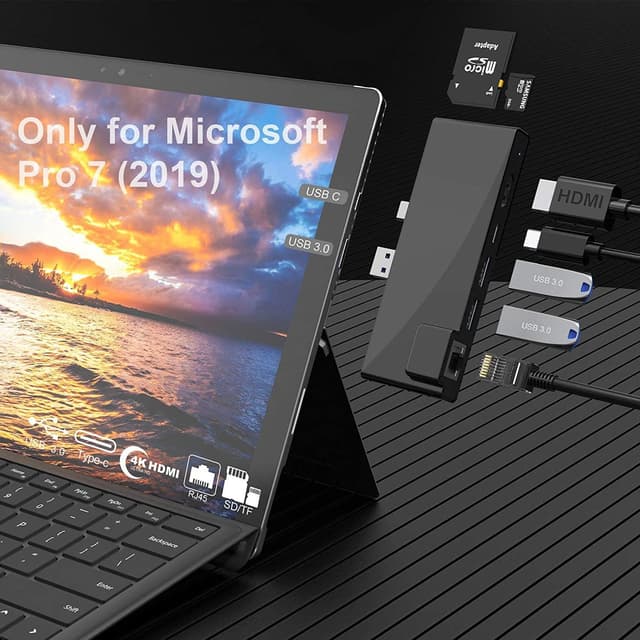 NÖRDIC USB 7-ports dockingstasjon for MicroSoft Surface Pro7 1xHDMI4k30Hz 2xUSB-A 5Gbps 1xUSB-C PD87W 1xRJ45 LAN og 1xTF og 1xSD