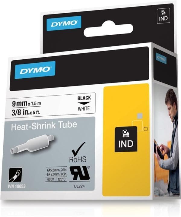 DYMO RhinoPRO krympeslange 9mm, svart på hvitt, 1.5m rull