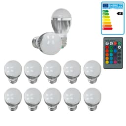 10 x LED-lamppu RGB E27 3W + kaukosäädin