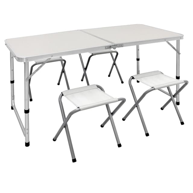 Camping Fällbord trädgård bord med 4 pallar aluminium 120 cm vit / kräm