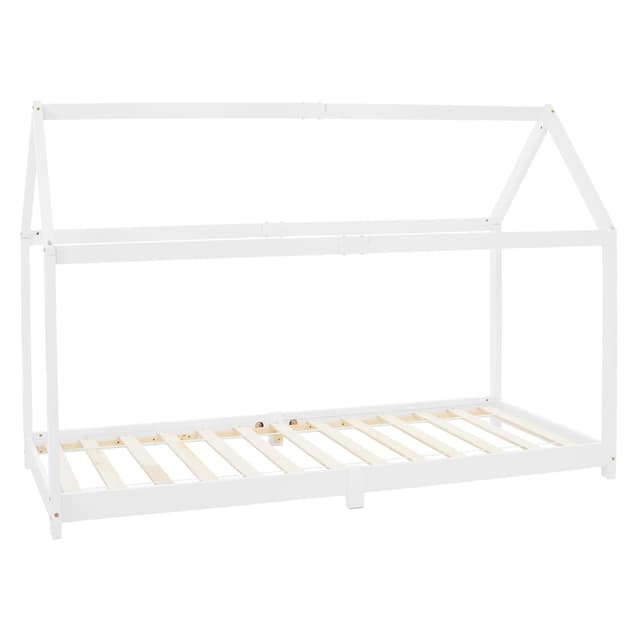ML Design Spjälsäng 90x200cm med tak och slattram, vit, husbädd för tjejer och