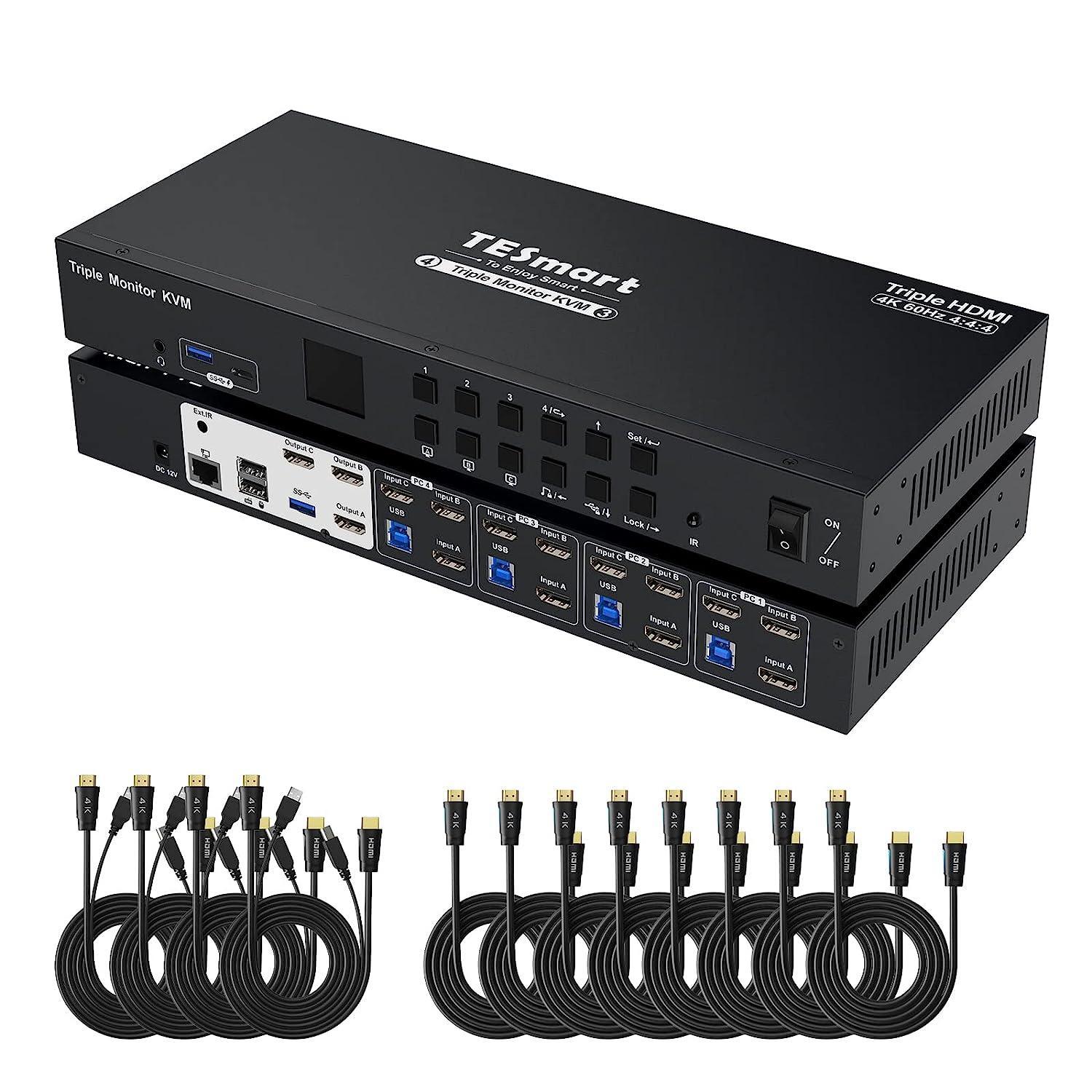 HDMI KVM Switch 4 pc til 3 skærme 4K60Hz headset, lydmikrofon, RJ45 LAN