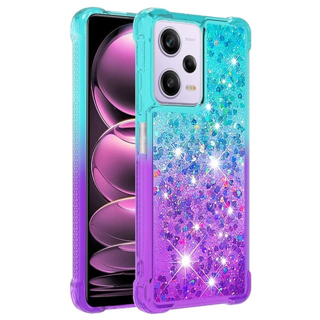 SKALO Xiaomi Redmi Note 12 Pro 5G Kvicksand Glitter Hjerter TPU Cover - Turkis-Lilla