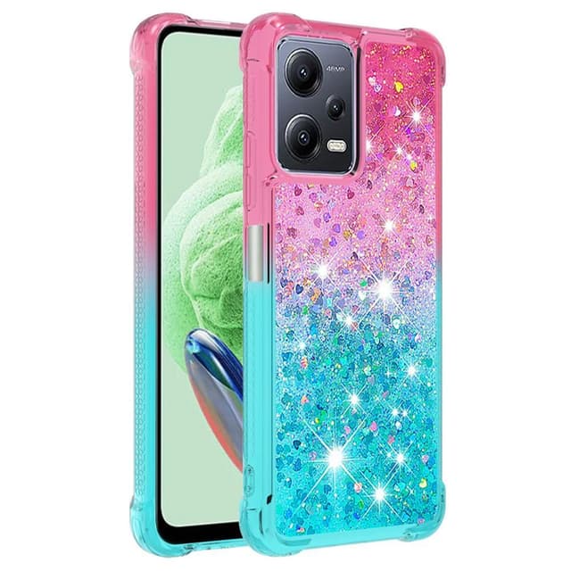 SKALO Xiaomi Redmi Note 12 5G Kvicksand Glitter Hjerter TPU Cover - Pink-Turkis