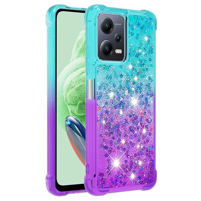 SKALO Xiaomi Redmi Note 12 5G Kvicksand Glitter Hjerter TPU Cover - Turkis-Lilla