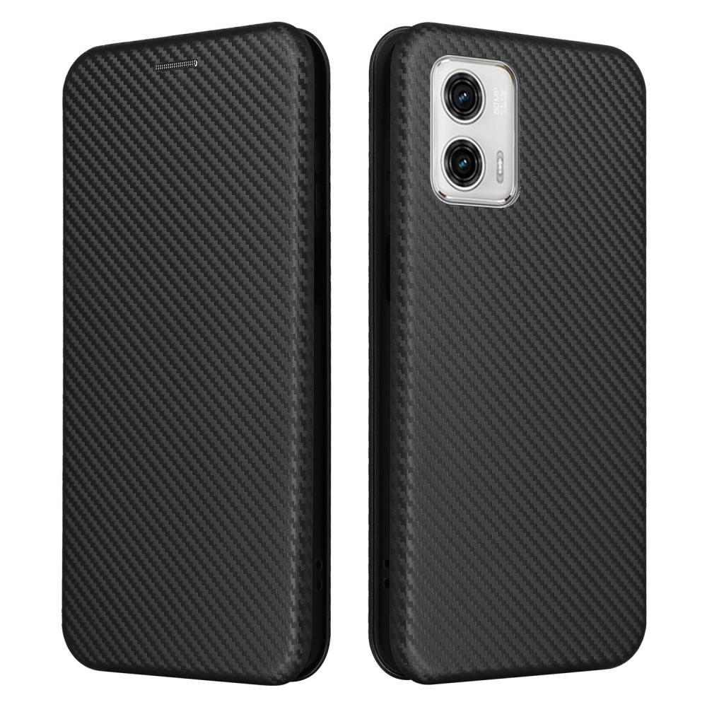 SKALO Motorola Moto G73 5G Carbon Fiber Lompakkokotelo - Musta
