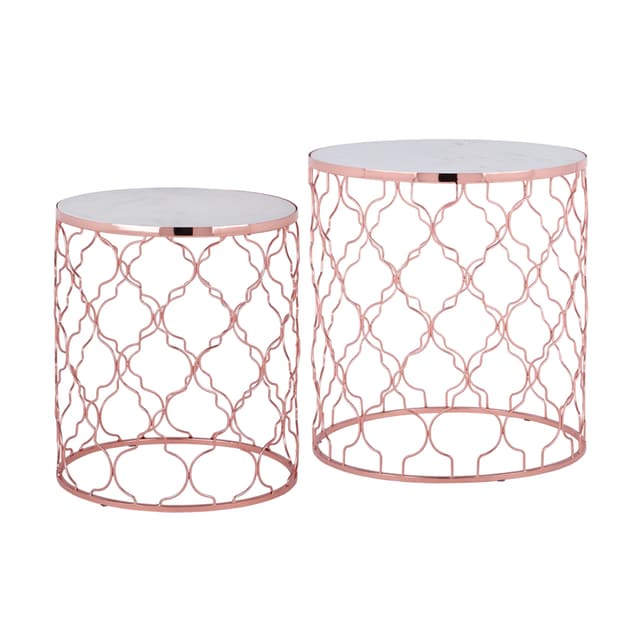 WOMO-DESIGN design sidebord sæt på 2 Ø40 / Ø45 cm, hvid Banswara marmor / kobber