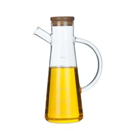 Hög oljeflaska i glas med kort mun med lock Läpinäkyvä