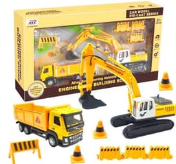 Byggarbetsplats, grävmaskin och lastbil