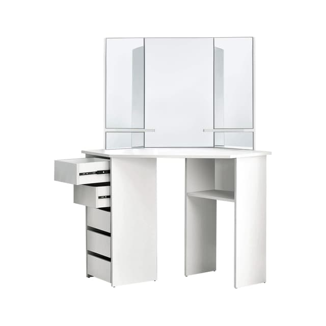 ML Design Corner Refinish Table Vit, toalettbord med 3 speglar, 5 lådor och 3