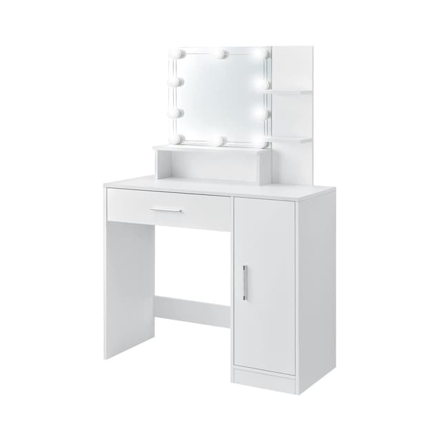 ML Design toiletbord hvid, frisørbord med LED-belysning, spejl, 1 skuffe, 3 rum