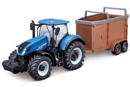 BURAGO Tractor w/livestock trailer N.H. T7.615 10cm blue