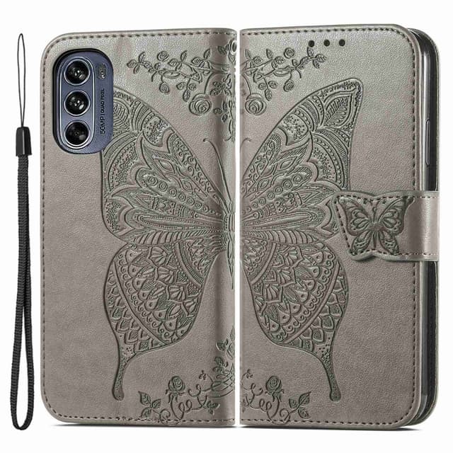 SKALO Motorola Moto G62 5G Mandala Butterfly Plånboksfodral - Grå