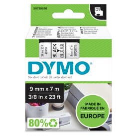 DYMO D1, markeringstape, 9mm, sort tekst på transparent tape, 7m - 40