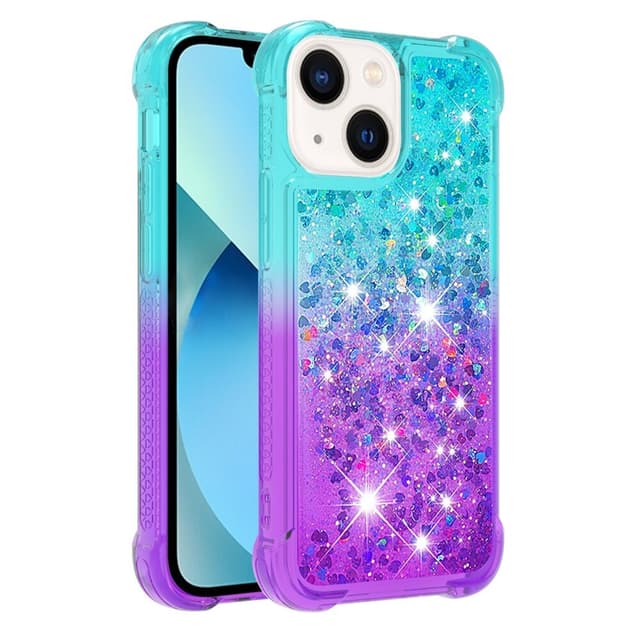 SKALO iPhone 15 Plus Kvicksand Glitter Hjerter TPU Cover - Turkis-Lilla