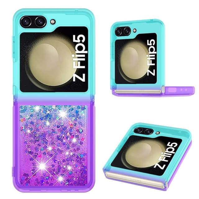 SKALO Samsung Z Flip5 Kvicksand Glitter Hjerter TPU Cover - Turkis-Lilla