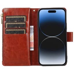 Dubbelflip Zipper 9-kort Apple iPhone 15 Plus - Brun