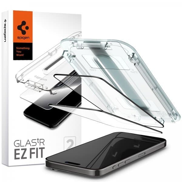 Spigen iPhone 15 Pro Max Skjermbeskytter GLAS.tR EZ Fit FC Svart 2-pakning