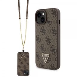 Guess iPhone 15 Cover Metal Logo Strass Crossbody Strap Brun