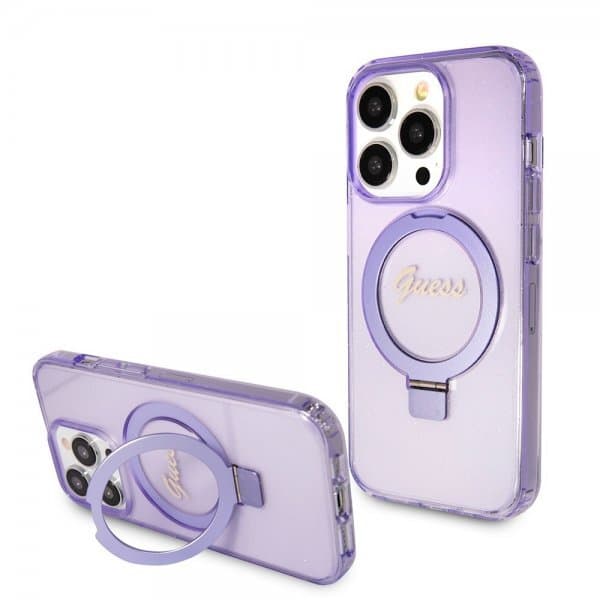 Guess iPhone 15 Pro Skal Ring Stand Glitter MagSafe Lila