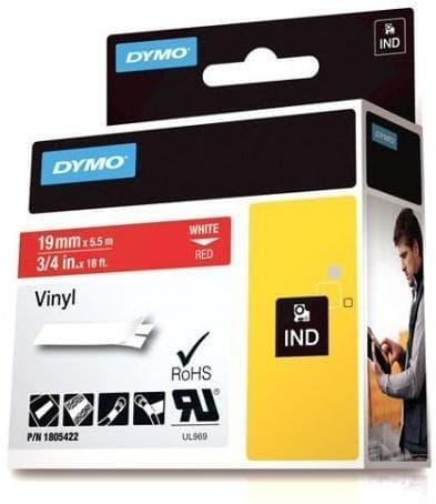 DYMO Rhino Professional, 19mm, märkbar vinyltejp, vit text röd tejp