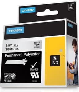 DYMO RhinoPRO merketeip perm polyester 9mm, svart på transp, 5,5m