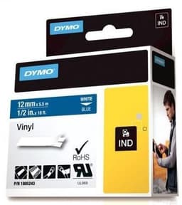 DYMO Rhino Professional, 12mm, märkbar vinyltejp, vit text blå tejp, (1805243)