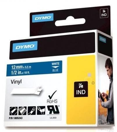DYMO Rhino Professional, 12mm, märkbar vinyltejp, vit text blå tejp, (1805243)