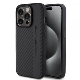 Mercedes Benz iPhone 15 Pro Kuori Carbon Effect Leather Stripe AMG Musta