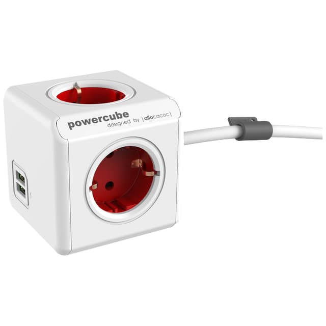PowerCube Extended stikkontakt med USB-porter 1402RDDEEUPC (rød)