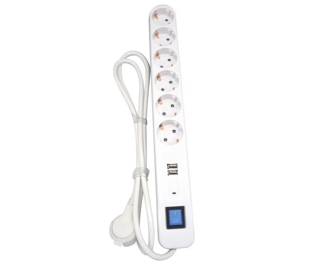 Skjøteledning 6-veis jord lynvern bryter USB 1,4m