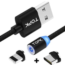 LED TOPK 1m 2.1A Latauskaapeli iPhone & Usb Tyyppi-C + Magneetti