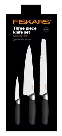 Fiskars functional form+ knivsett brødkniv + stor kokkekniv + grønnsakskniv