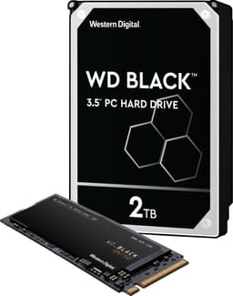 WD Black 3,5" 2 TB harddisk og WD Black SN750 500 GB NVMe SSD lagring