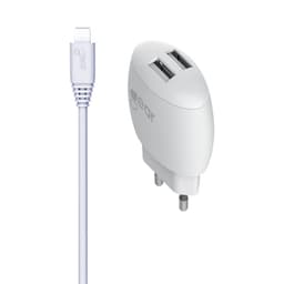 GEAR Lader 220V 2xUSB 2,4A Hvit USB-C 2.0 Kabel Rund 1m gen2