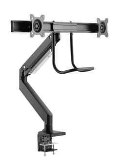 Monitorarm för dubbla skärmar 17-32tum med gasfjäder, lutbar, roterbar och vridbar. 2 olika monteringsfästen ingår, max vikt per skärm 8kg, VESA 75x75,100x100