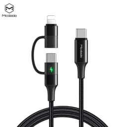 Mcdodo CA-7120 USB C–USB C + Apple Lightning (ei MFI) -kaapeli LED, synkronointi, nopea lataus, Android Apple, PD3.0, 60 W kangaspäällyste, 1,2 m