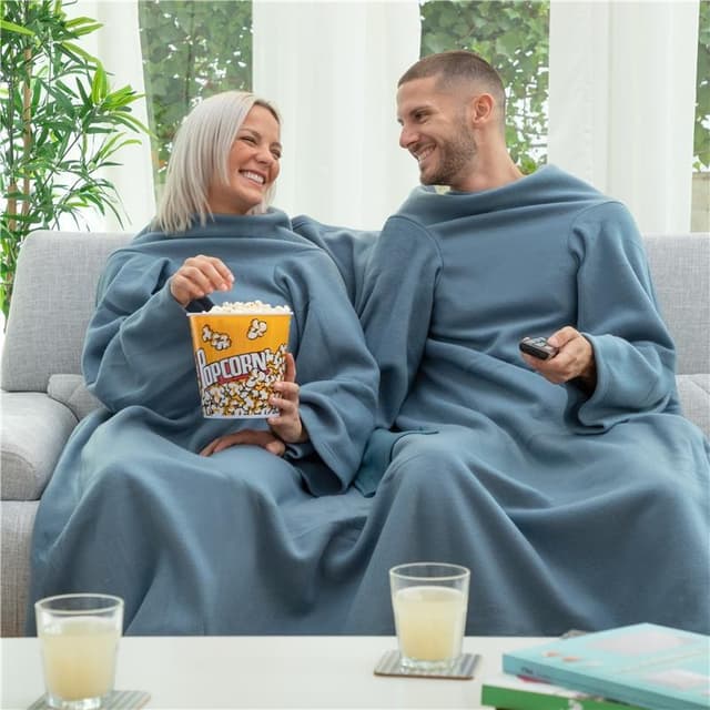 InnovaGoods dubbelfilt för par med ärmar & fickor, blå