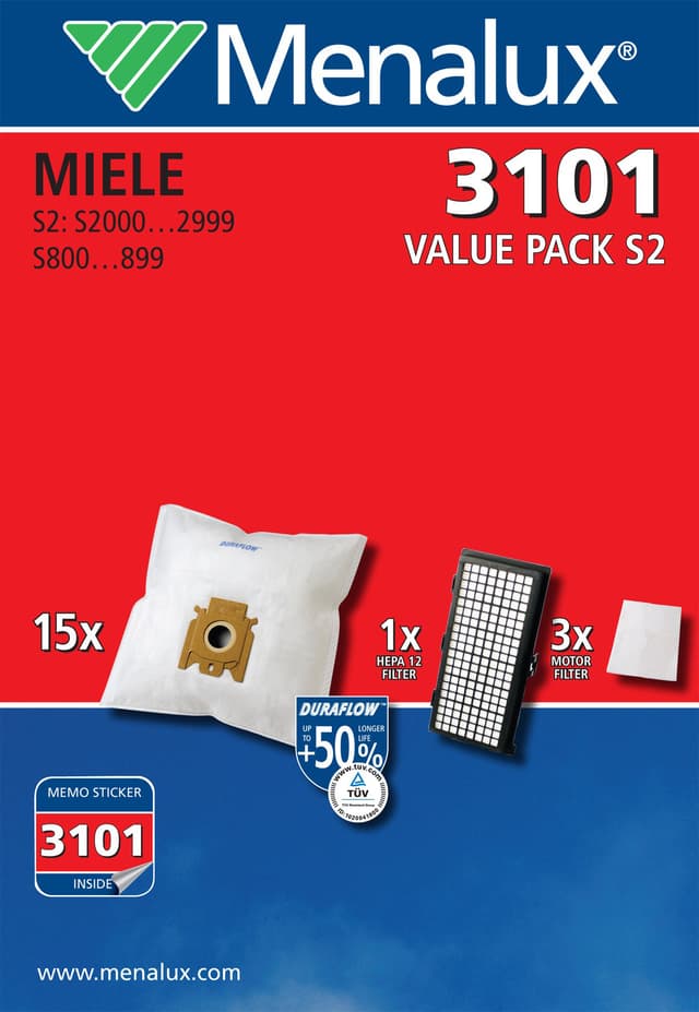 Menalux dammsugarpåsar 3101 till S2 (15 st) för Miele S2 Series